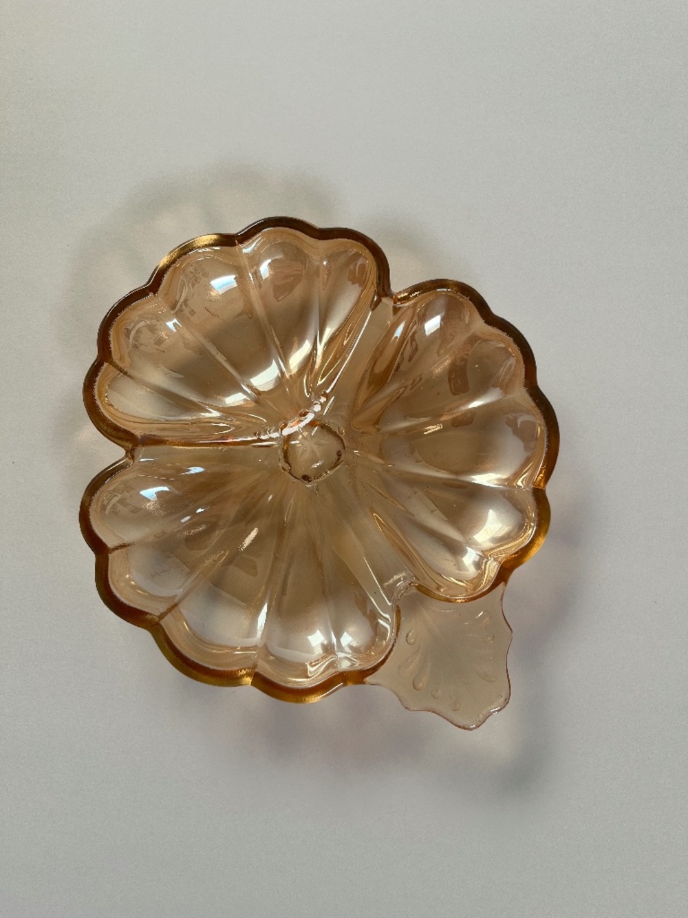 Vintage Amber Iridescent Glass clover leaf dish